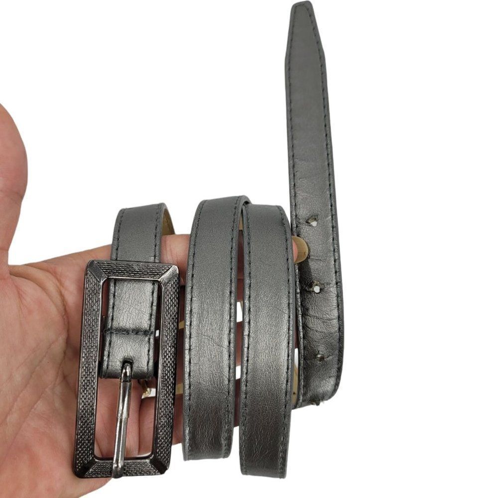 Vtg 90's Belt Metallic Gunmetal Gray  1/2" Smooth Cincher Rectangle Buckle Sz M‎